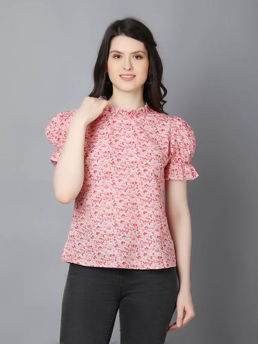 Printed Floral Cotton Ruffle Sleeve Summer Top (Pink Floral)