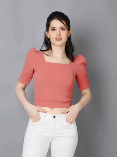 Stylish Casual Crop Top With Puffed Sleeves (Pink)