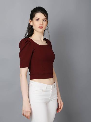 Stylish Casual Crop Top With Puffed Sleeves (Wine)