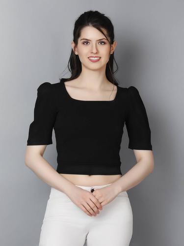 Stylish Casual Crop Top With Puffed Sleeves (Black)