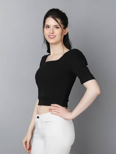 Stylish Casual Crop Top With Puffed Sleeves (Black)