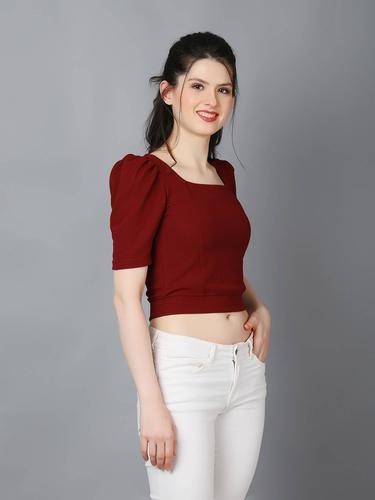 Stylish Casual Crop Top With Puffed Sleeves (Maroon)