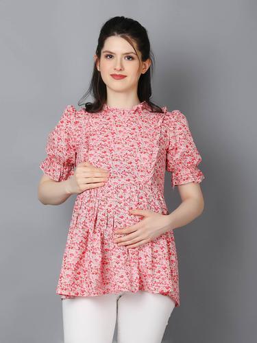 Maternity Feeding Top With Ruffled Neck And Puffed Sleeves. (Pink)