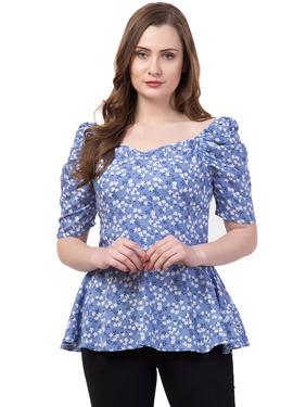 Rayon Floral Summer Peplum Top With Puffed Sleeves. (Sky Blue)