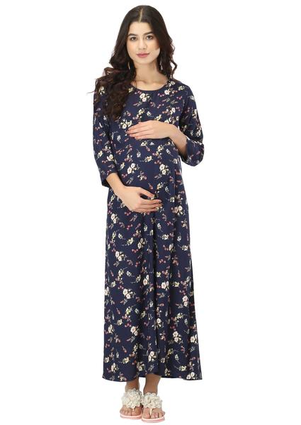 Rayon Maternity Feeding Dress With Zippers For Nursing. (Navy Blue)