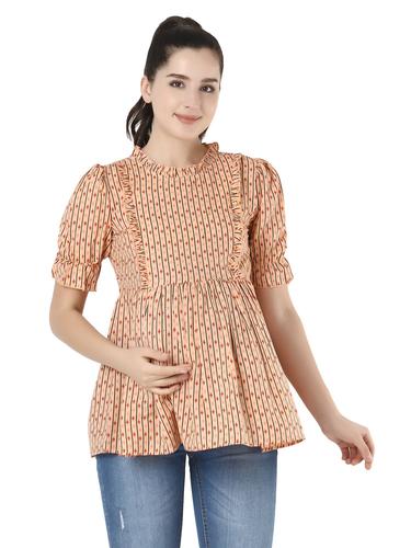Maternity Feeding Top With Ruffled Neck And Puffed Sleeves. (Sunshade)