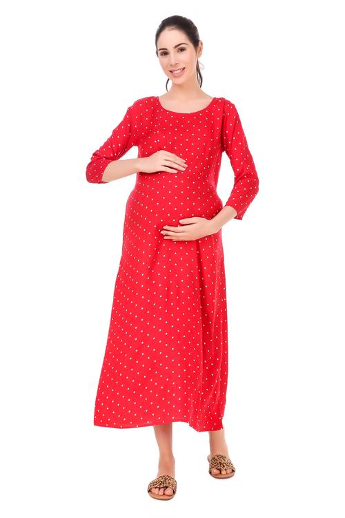 Rayon Maternity Feeding Dress With Zippers For Nursing. (Red)
