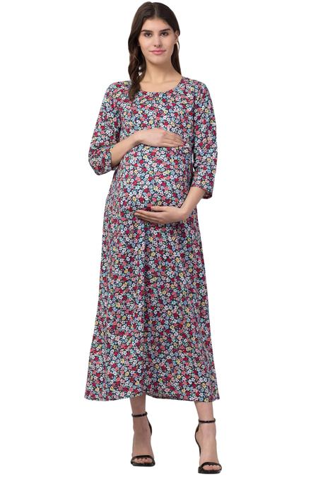 Rayon Maternity Feeding Dress With Zippers For Nursing. (Navy)