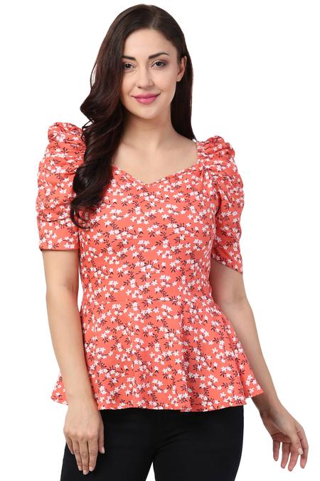 Rayon Floral Summer Peplum Top With Puffed Sleeves. (Peach)
