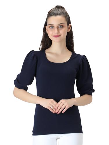 Round Neck Top With Cuffed Sleeves. (Navy Blue)