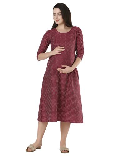 Cotton Maternity Feeding Dress With Zippers For Nursing. (Wine)