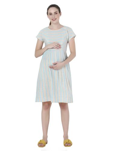Cotton Striped Maternity Dresses With Zippers For Nursing. (Sky Blue)