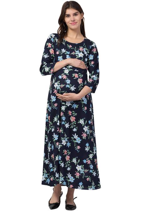 Rayon Maternity Feeding Dress With Zippers For Nursing. (Blue)