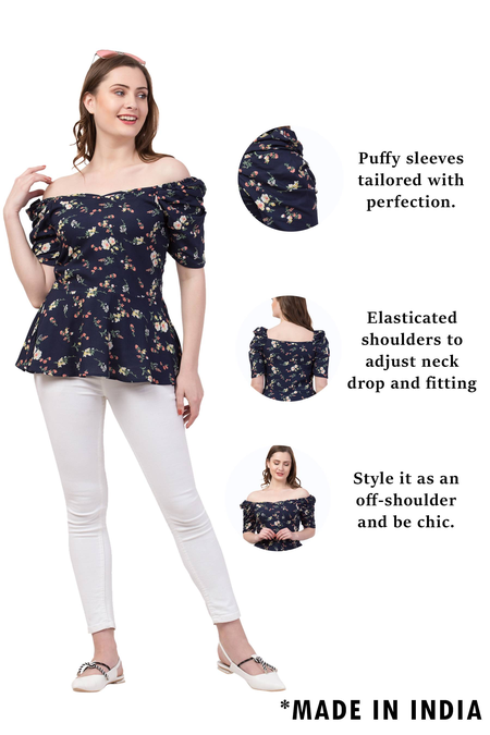Rayon Floral Summer Peplum Top With Puffed Sleeves. (Navy Blue)
