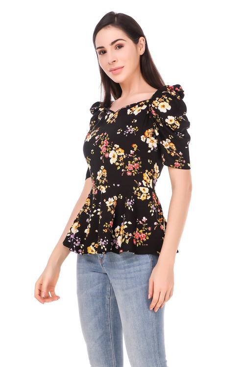 Rayon Polka Summer Peplum Top With Puffed Sleeves. (Black Floral)