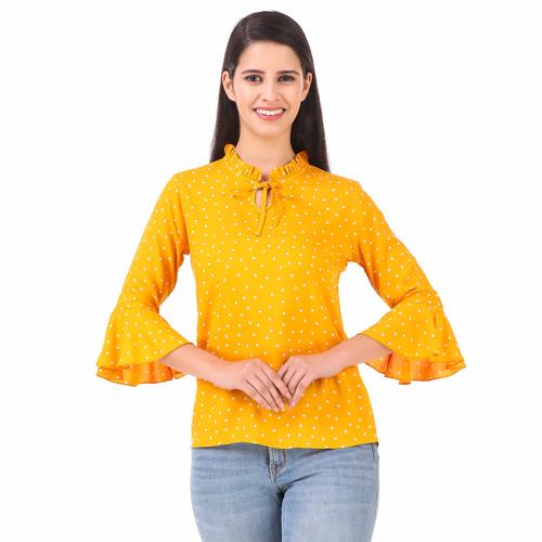 Rayon Floral Bell Sleeved Top With Ruffle Neckline (Mustard)