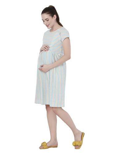 Cotton Striped Maternity Dresses With Zippers For Nursing. (Sky Blue)