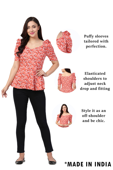 Rayon Floral Summer Peplum Top With Puffed Sleeves. (Peach)