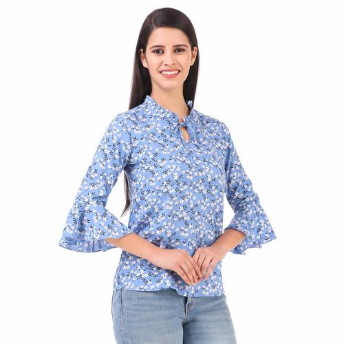 Rayon Floral Bell Sleeved Top With Ruffle Neckline (Sky Blue)