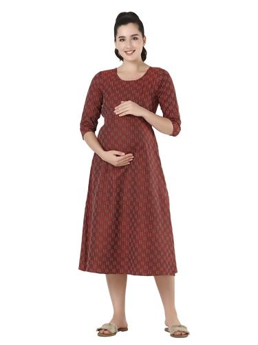 Cotton Maternity Feeding Dress With Zippers For Nursing. (Brown)