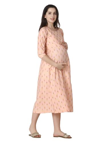 Cotton Maternity Nursing Dress With Zippers. (Salmon)