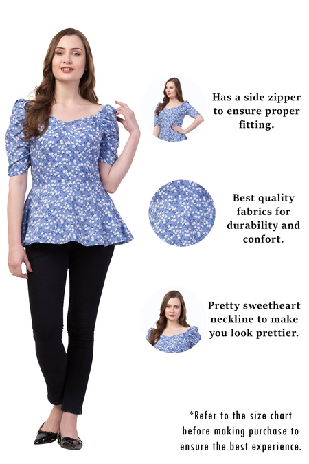 Rayon Floral Summer Peplum Top With Puffed Sleeves. (Sky Blue)
