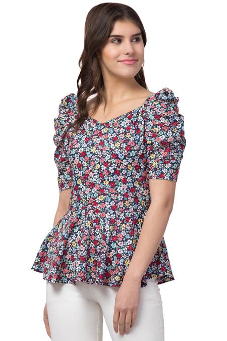 Rayon Floral Summer Peplum Top With Puffed Sleeves. (Navy)