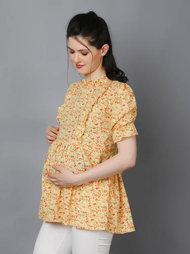 Maternity Feeding Top With Ruffled Neck And Puffed Sleeves. (Lemon)