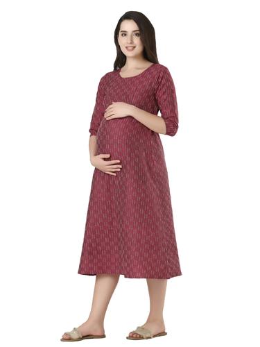 Cotton Maternity Feeding Dress With Zippers For Nursing. (Wine)