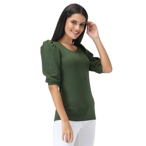 Round Neck Top With Cuffed Sleeves. (Olive)