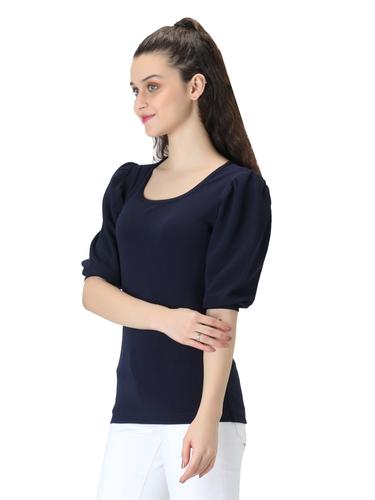 Round Neck Top With Cuffed Sleeves. (Navy Blue)