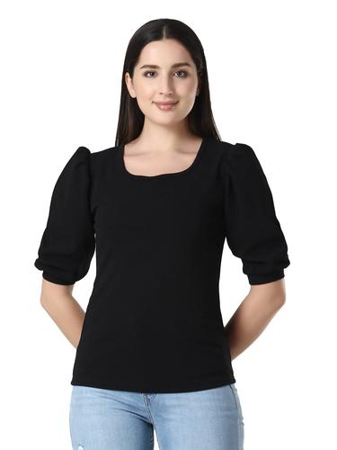 Round Neck Top With Cuffed Sleeves. (Black)