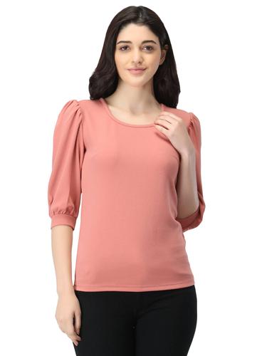 Round Neck Top With Cuffed Sleeves. (Pink)