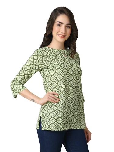 Cotton Short Printed Kurti For Jeans. (Green)
