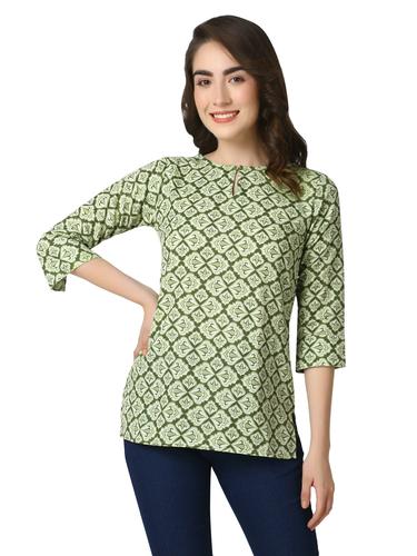 Cotton Short Printed Kurti For Jeans. (Green)