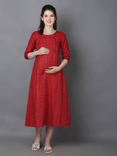 Cotton Maternity Feeding Dress With Zippers For Nursing. (Red Zari)