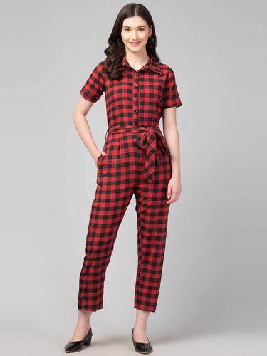 Collared Half Sleeved Cotton Jumpsuit. (Red-Black)