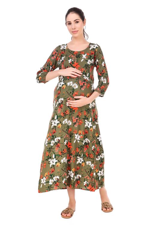 Rayon Maternity Feeding Dress With Zippers For Nursing. (Olive)