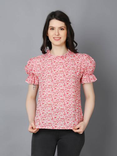 Printed Floral Cotton Ruffle Sleeve Summer Top (Pink Floral)