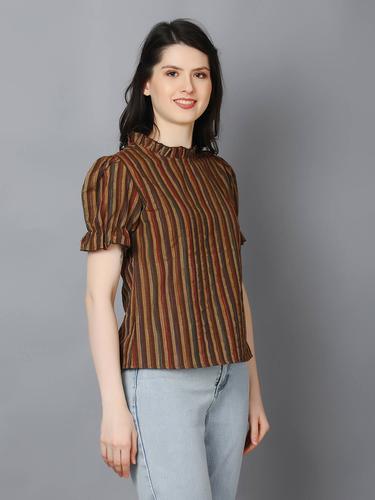 Striped Cotton Ruffle Sleeve Top (Brown)