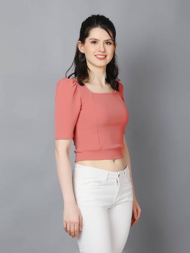 Stylish Casual Crop Top With Puffed Sleeves (Pink)