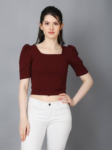 Stylish Casual Crop Top With Puffed Sleeves (Wine)