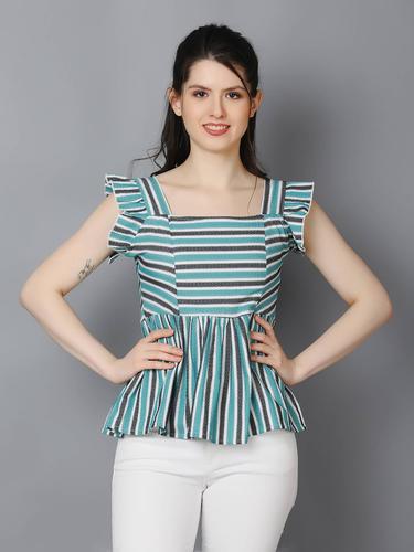 Striped Cotton Cap Sleeve Peplum Top. (Turquoise)