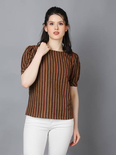 Striped Cotton Cuffed Sleeve Top. (Brown)