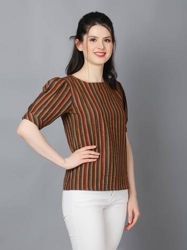 Striped Cotton Cuffed Sleeve Top. (Brown)