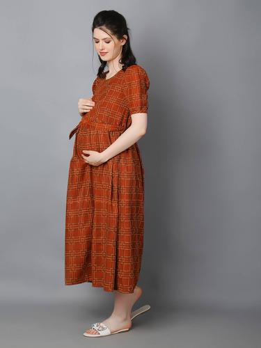 Maternity Feeding Dress With Zippers For Easy Nursing. (Brown)