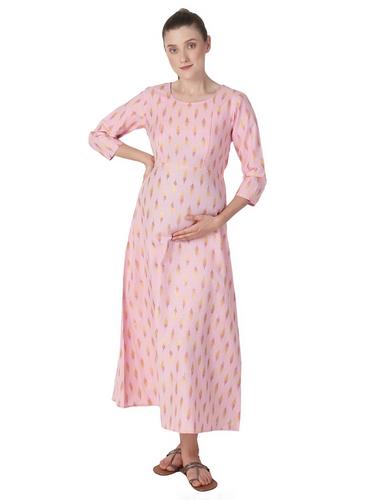 Cotton Maternity Nursing Dress With Zippers. (Pink)