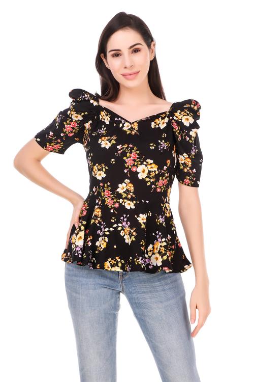 Rayon Polka Summer Peplum Top With Puffed Sleeves. (Black Floral)