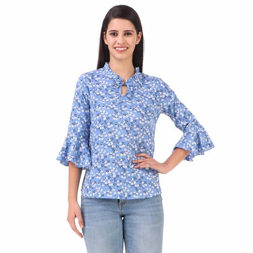 Rayon Floral Bell Sleeved Top With Ruffle Neckline (Sky Blue)