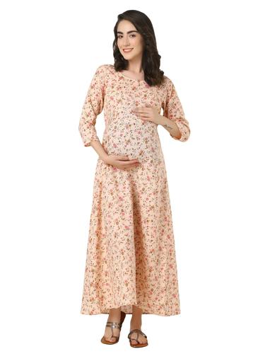Cotton Maternity Feeding Dress With Zippers For Nursing. (Peach)